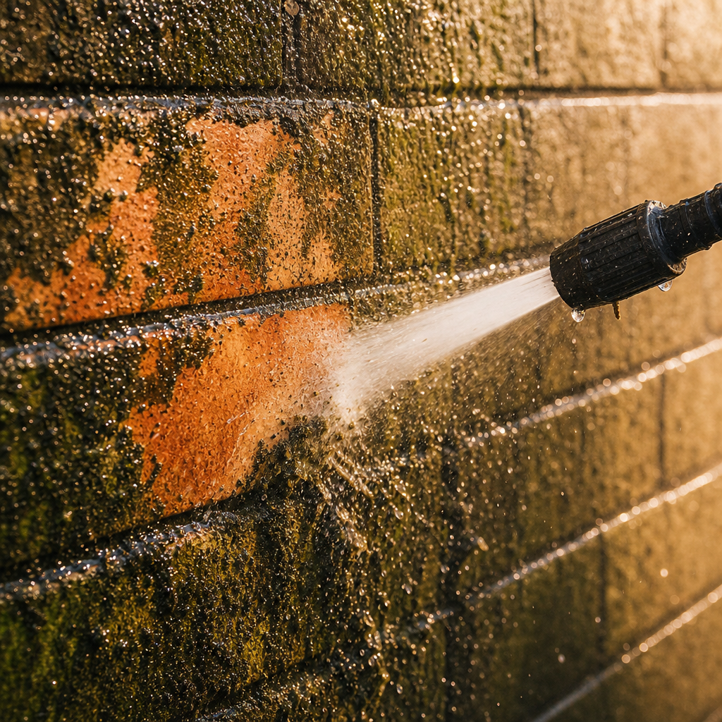 Close-up of power washing stream removing dirt and grime from home exterior