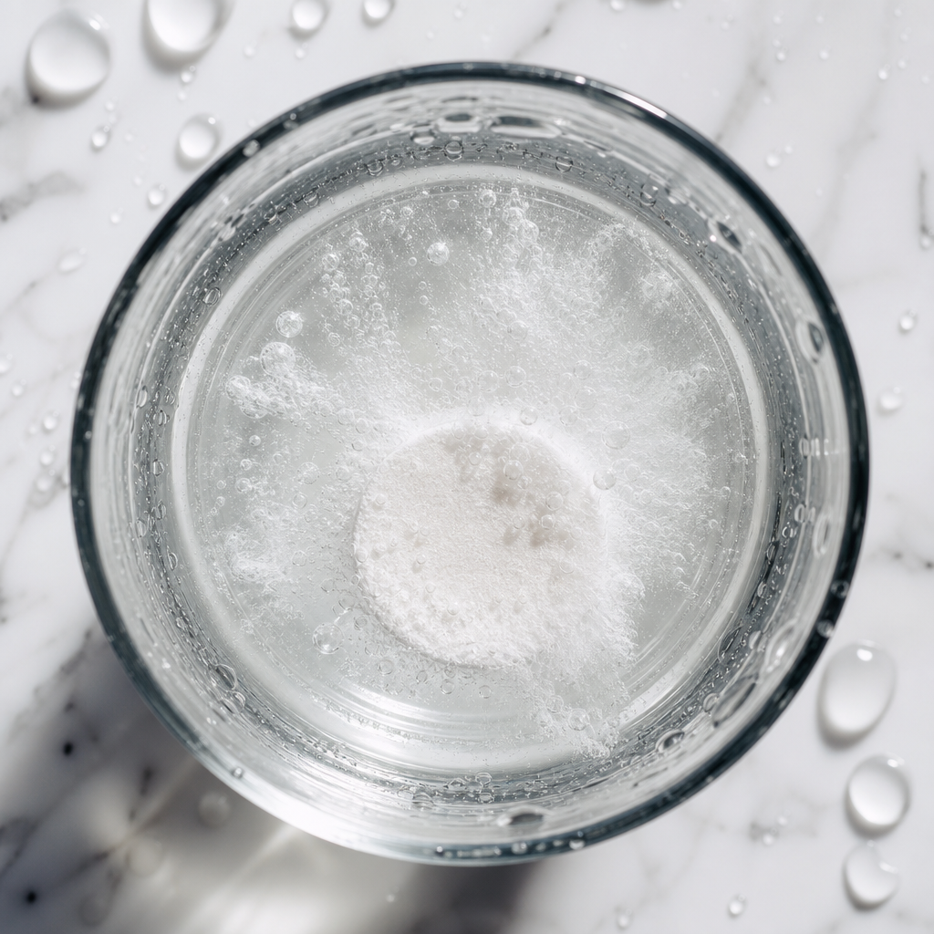 Electrolyte tablet dissolving in water with visible fizz and cloudiness
