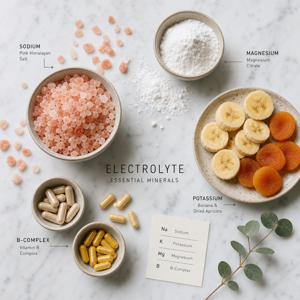 Mineral and vitamin components of electrolyte formula displayed with natural food sources