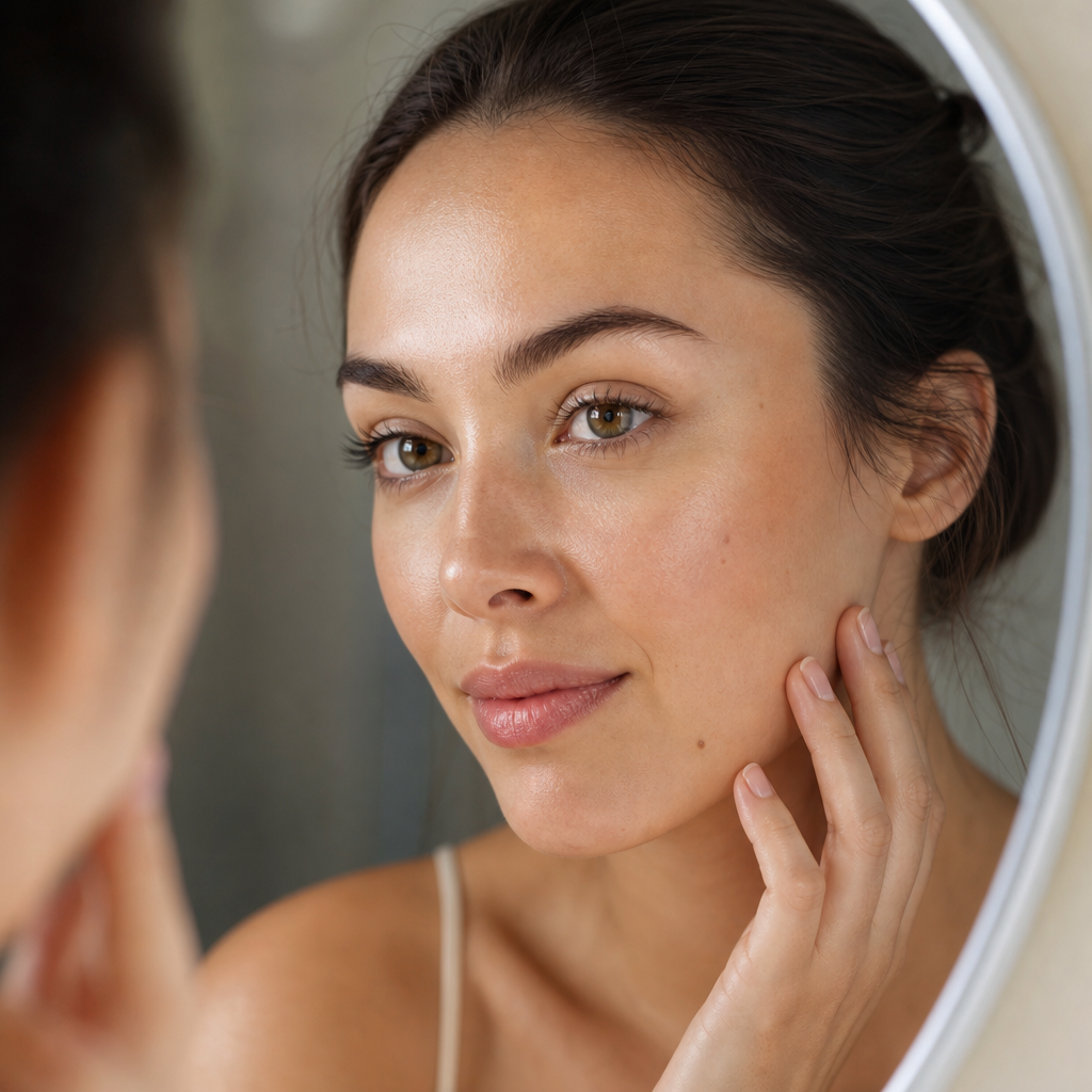 Woman checking her complexion in mirror during early Botox recovery phase