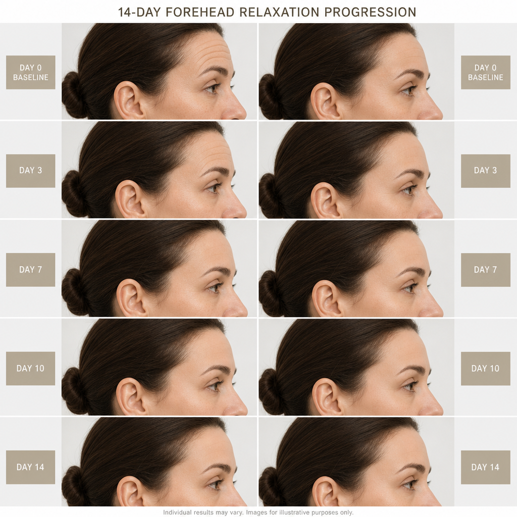Day-by-day visual timeline of forehead muscle relaxation during Botox recovery period