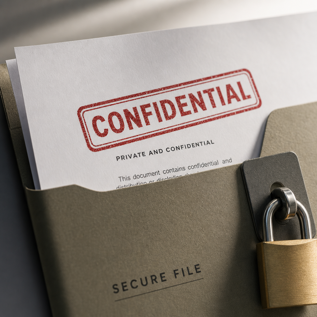 Confidential business document with security padlock and red stamp