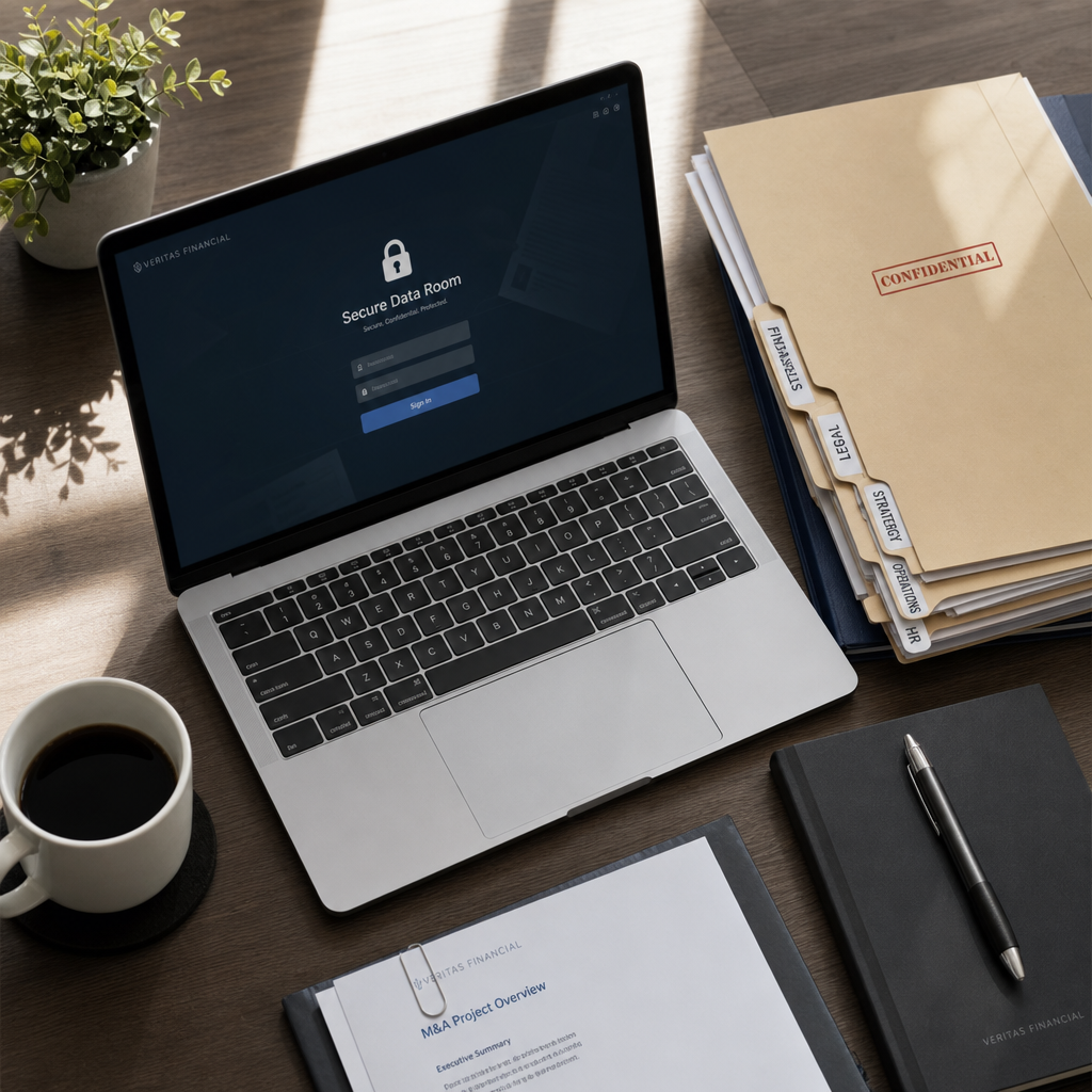 Secure virtual data room on laptop surrounded by confidential business documents