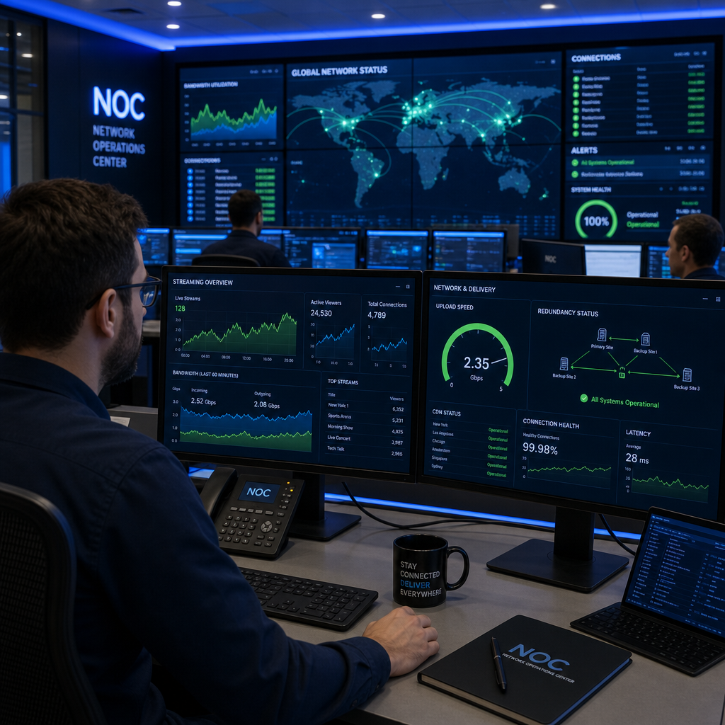 Network operations center monitoring live streaming bandwidth and connection metrics in real-time