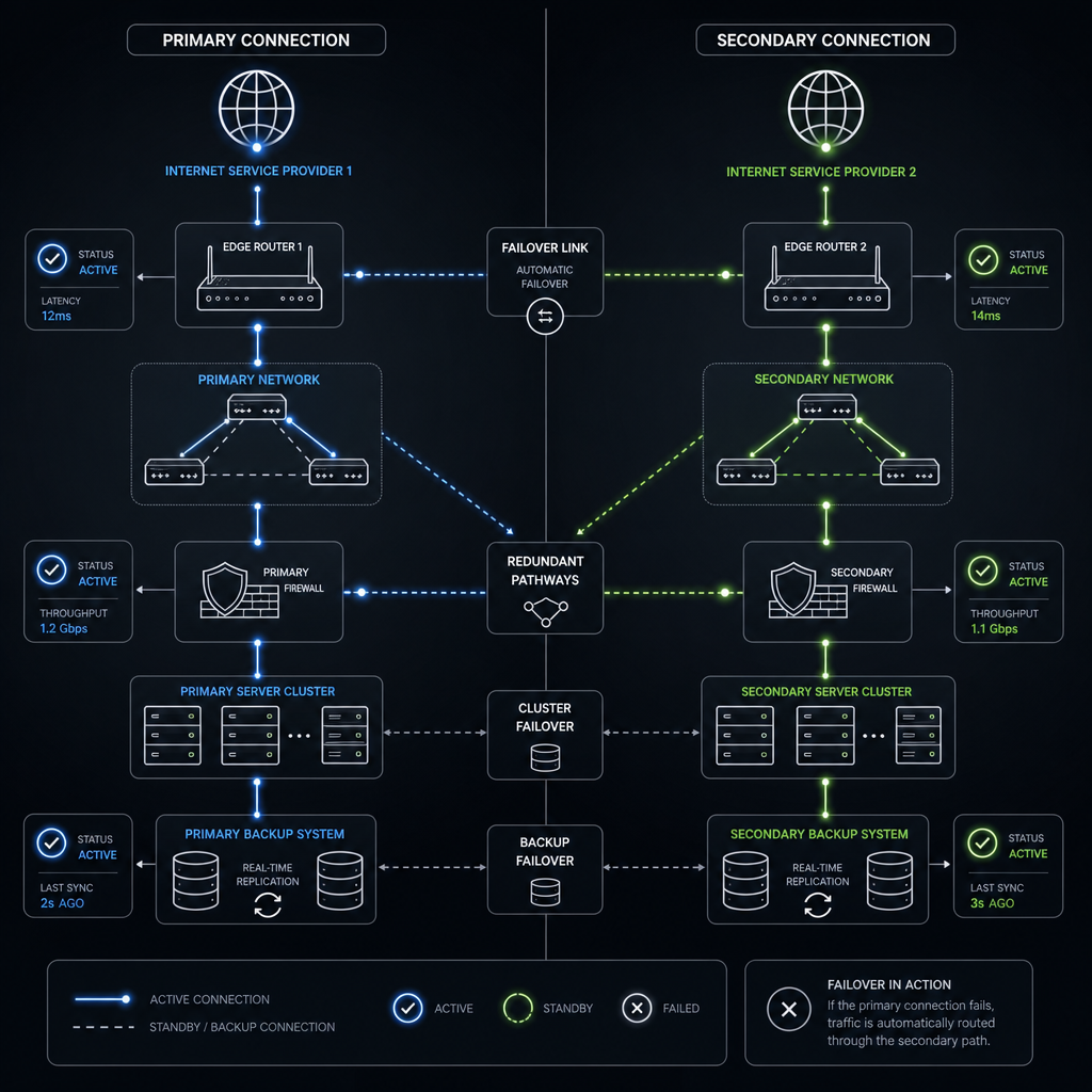 Redundant network pathways and failover system visualization for live streaming backup infrastructure