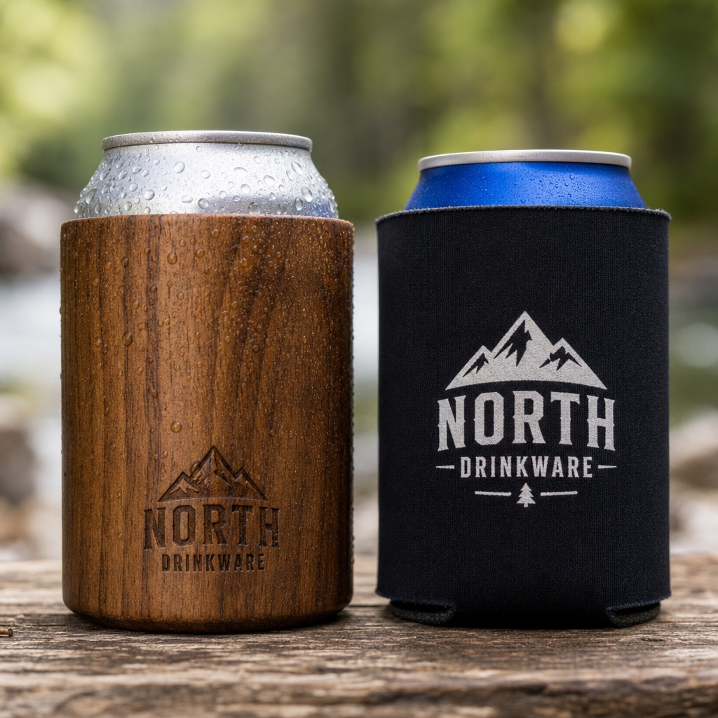Wooden can sleeve compared to foam koozie with condensation on beverage