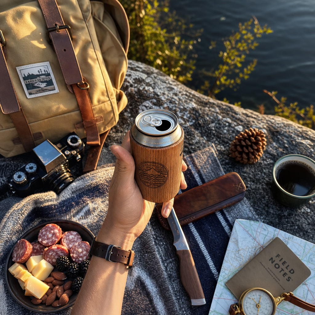 Hand holding beverage with wooden can sleeve at outdoor lakeside setting