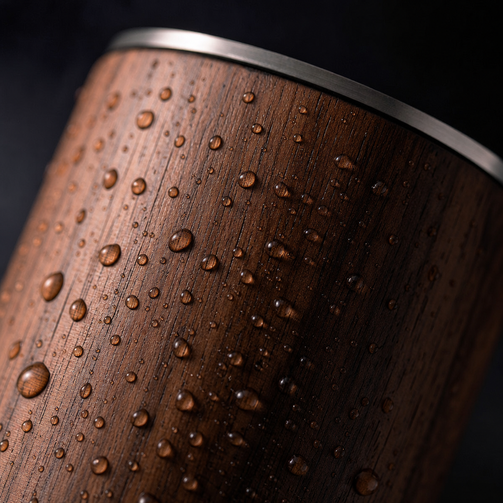 Close-up of hardwood grain with water droplets showing moisture resistance