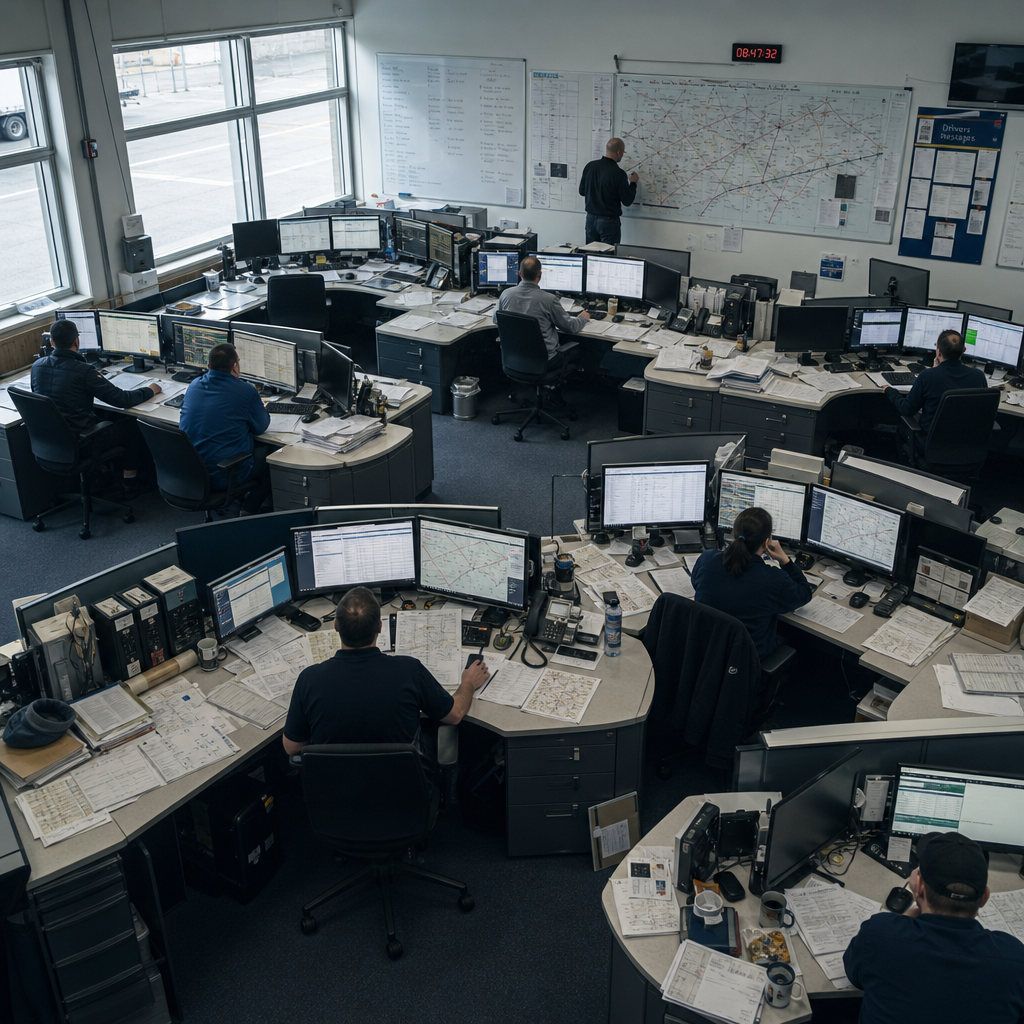 Transport operations planning desk with multiple screens showing routes and logistics data