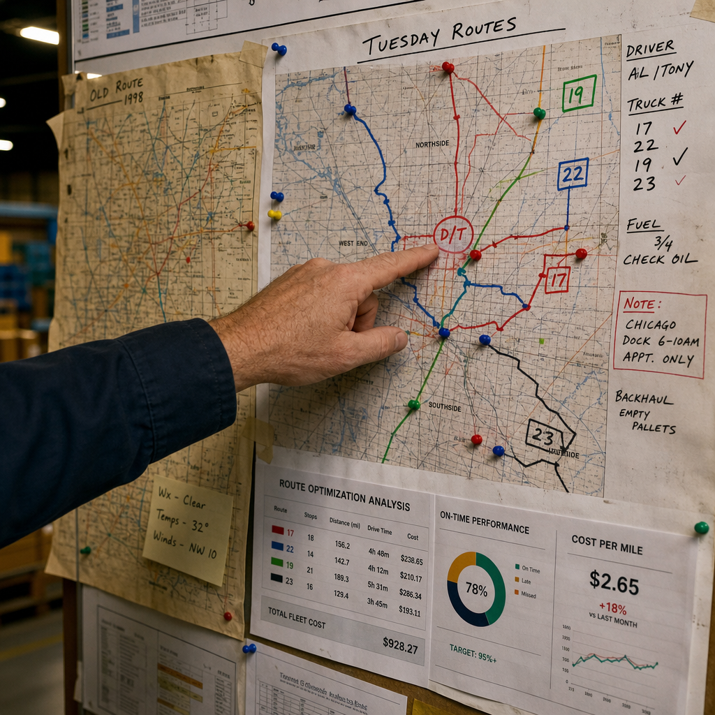 Fleet manager reviewing traditional route planning chart with manual annotations