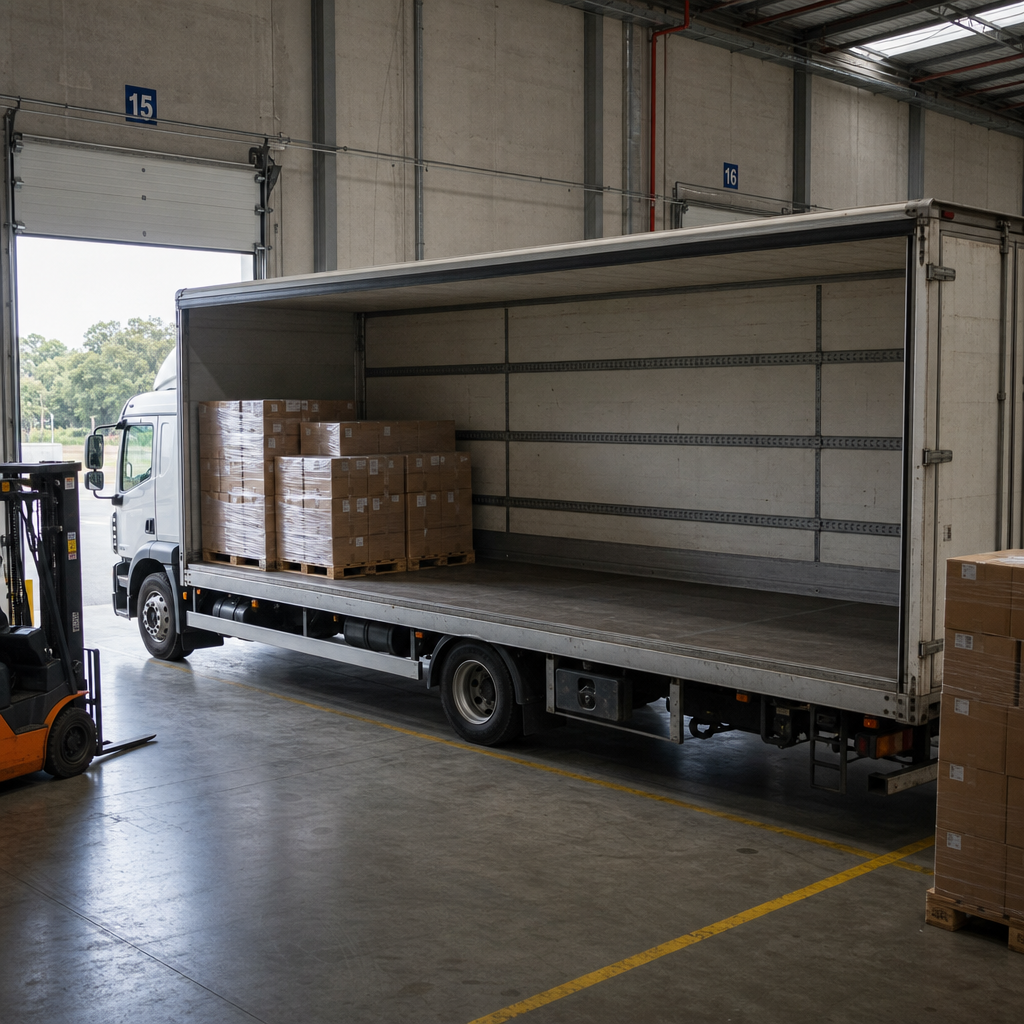 Partially loaded delivery truck at warehouse loading bay showing underutilised cargo space