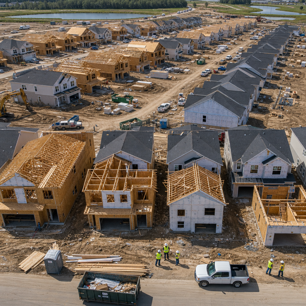 Aerial view of a large housing development showing multiple homes under construction with inspection teams conducting quality checks