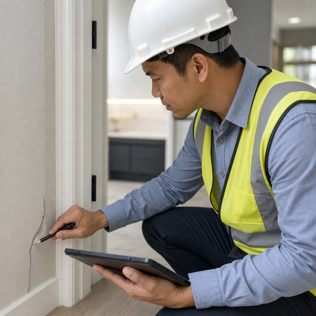 Quality assurance professional inspecting and documenting building defects inside a residential unit with digital inspection tools