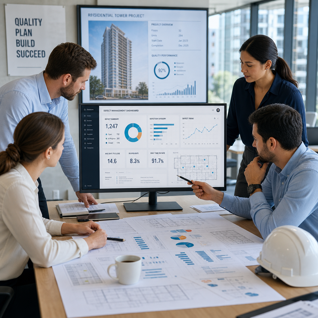 Construction team analyzing defect statistics reports and data dashboards in an office environment to identify quality patterns