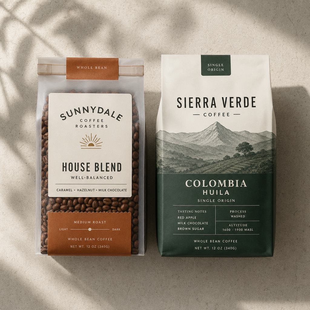 Two coffee bags displayed side by side showing house blend and single origin varieties