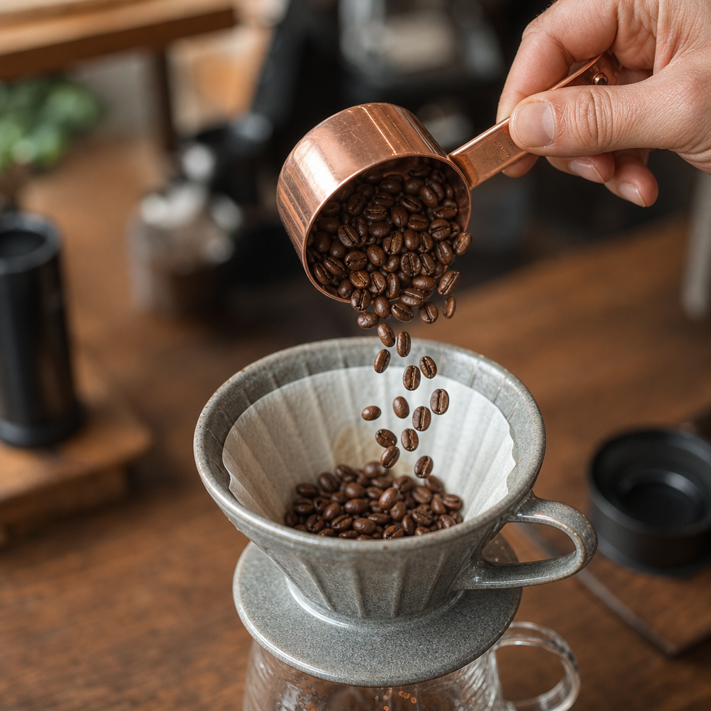Coffee beans being poured into a pour-over brewing device with warm natural lighting