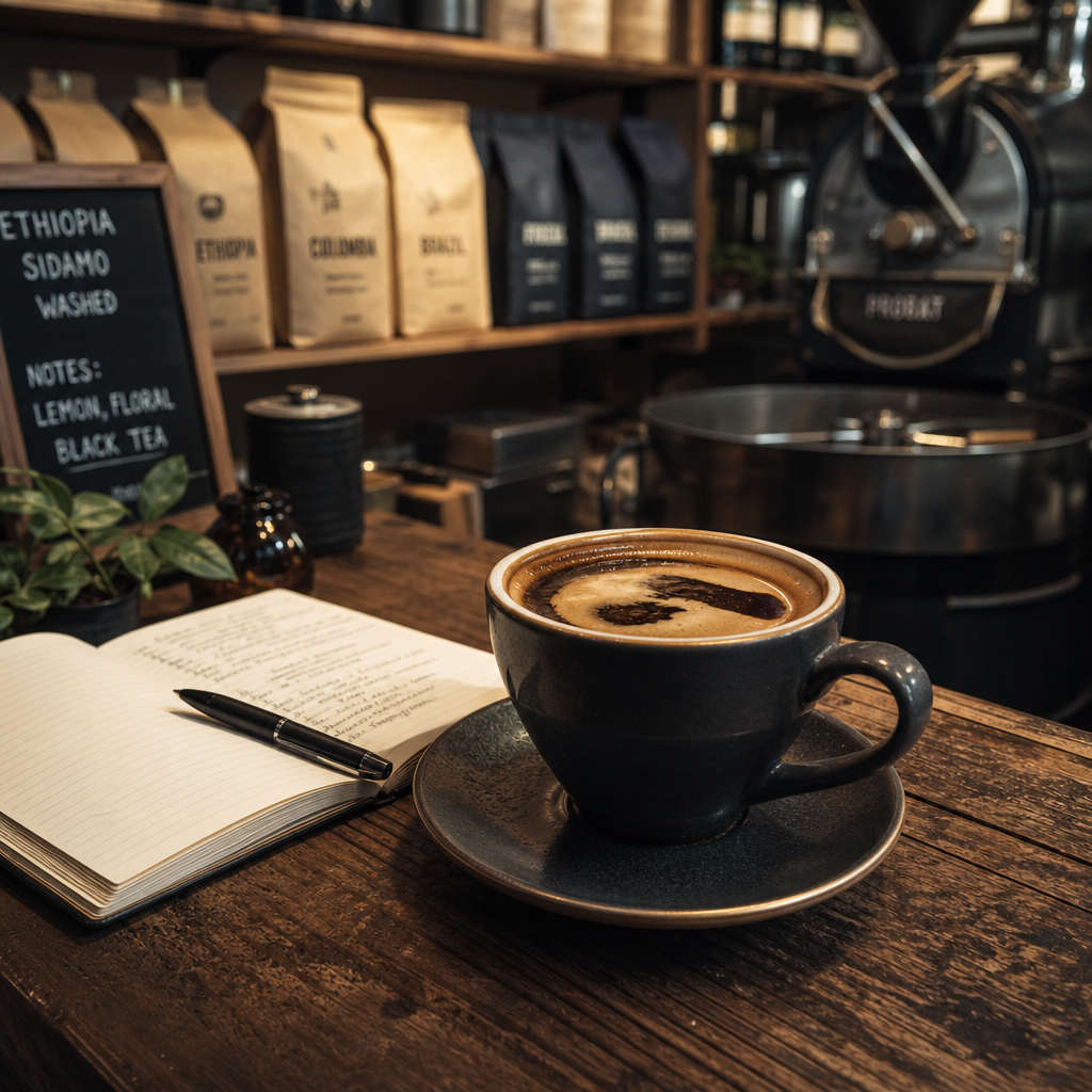 A freshly brewed cup of coffee on a cafe counter with coffee bags and roastery equipment in the background
