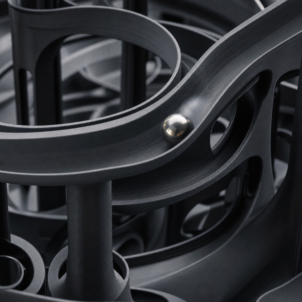 Detailaufnahme einer Kugel in einer spiralförmigen 3D-gedruckten Bahn