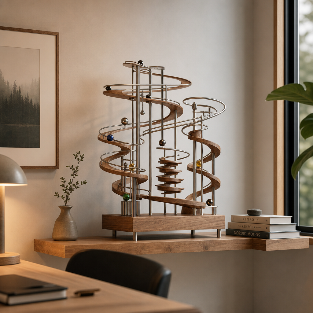 Skandi-Stil Zimmer mit Holz-Metall Kugelbahn als Deko-Statement auf Floating Shelf