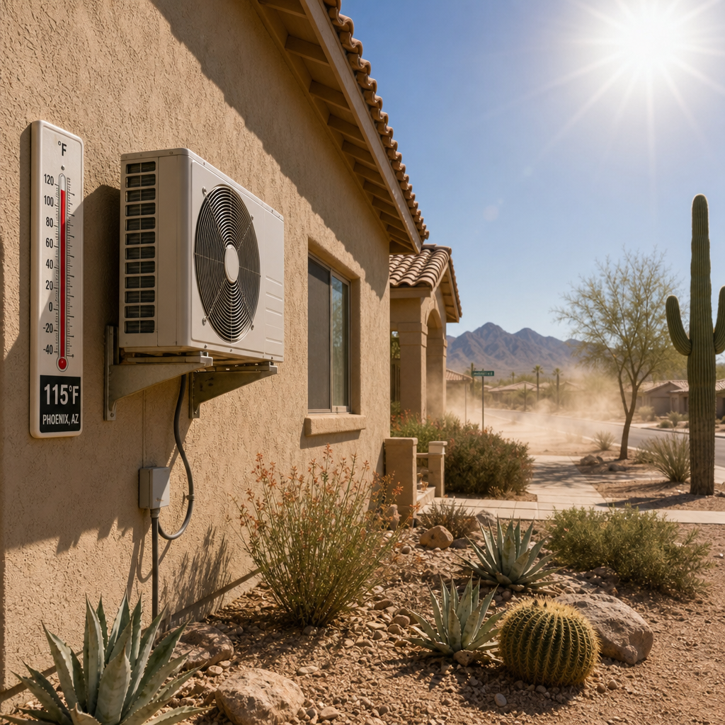 Arizona home exterior during extreme summer heat with outdoor AC unit visible