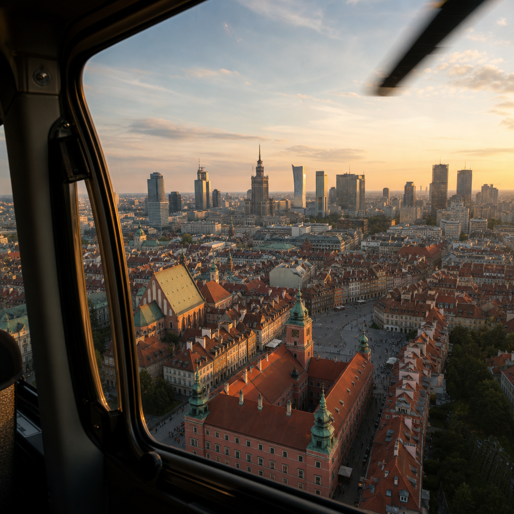Widok z okna helikoptera na polski krajobraz miejski podczas zmierzchu