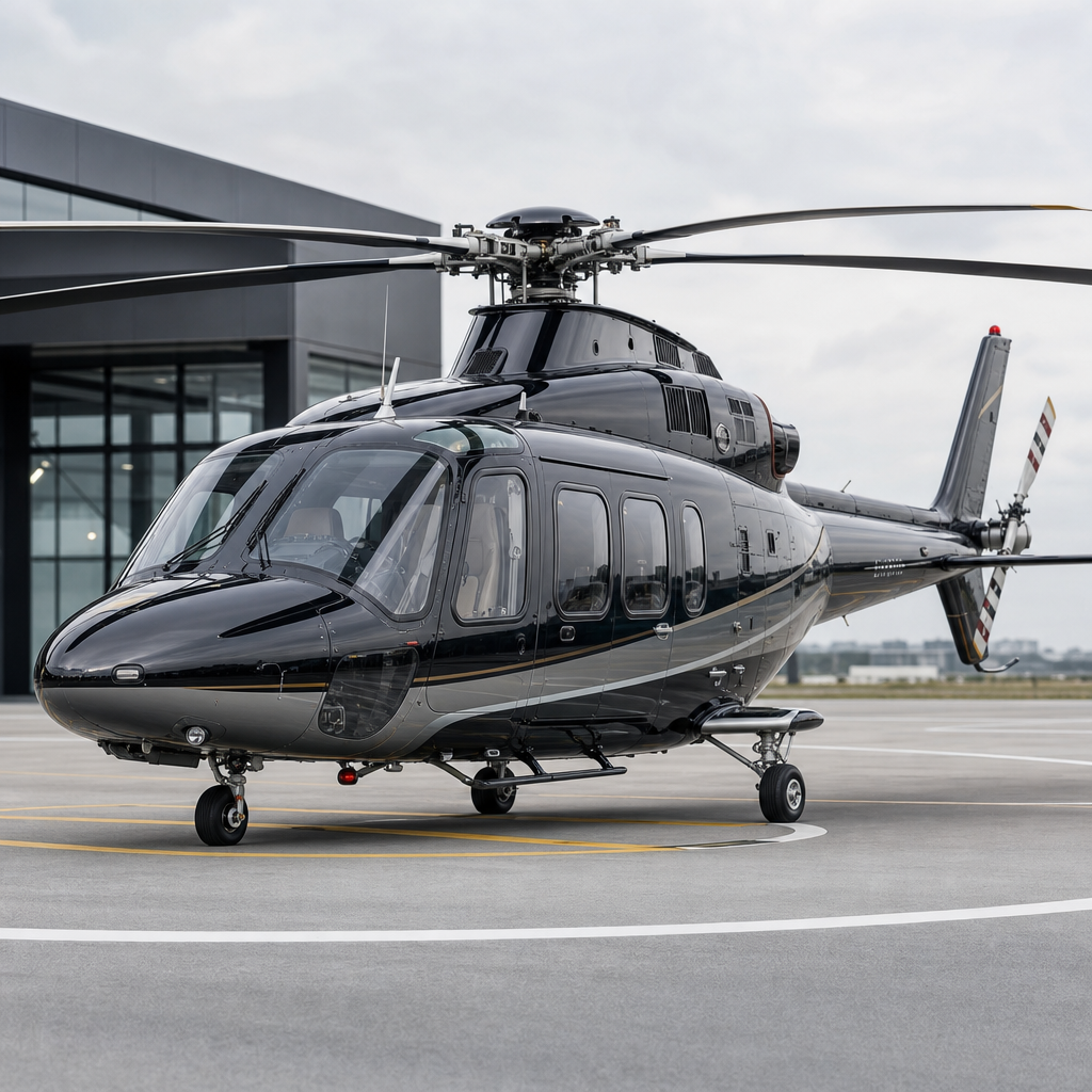 Helikopter przygotowany do lotu stojący na lądowisku