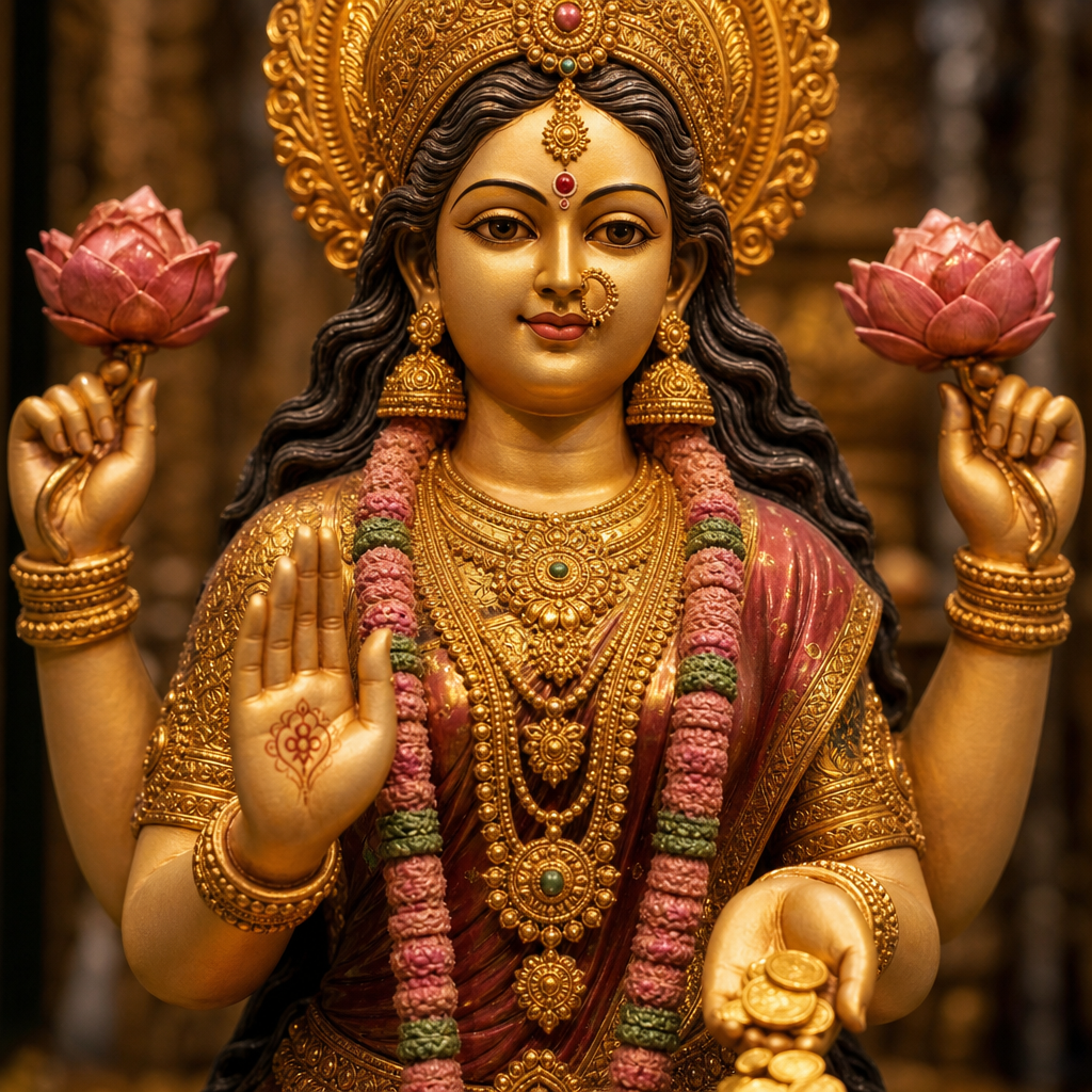 Vista dettagliata della statua di Lakshmi che mostra gesti simbolici delle mani e gioielli decorati