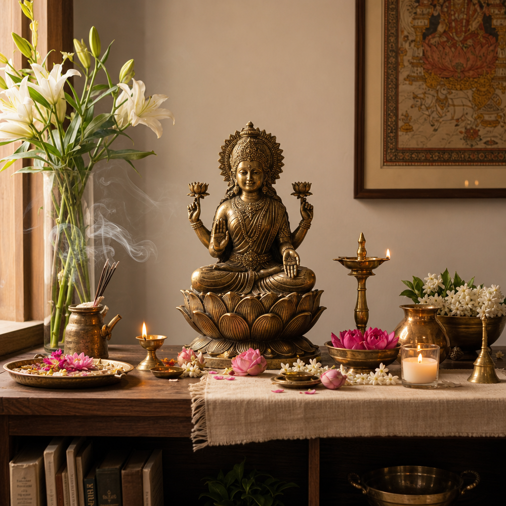 Statua di Lakshmi esposta su un altare domestico con fiori, candele e incenso