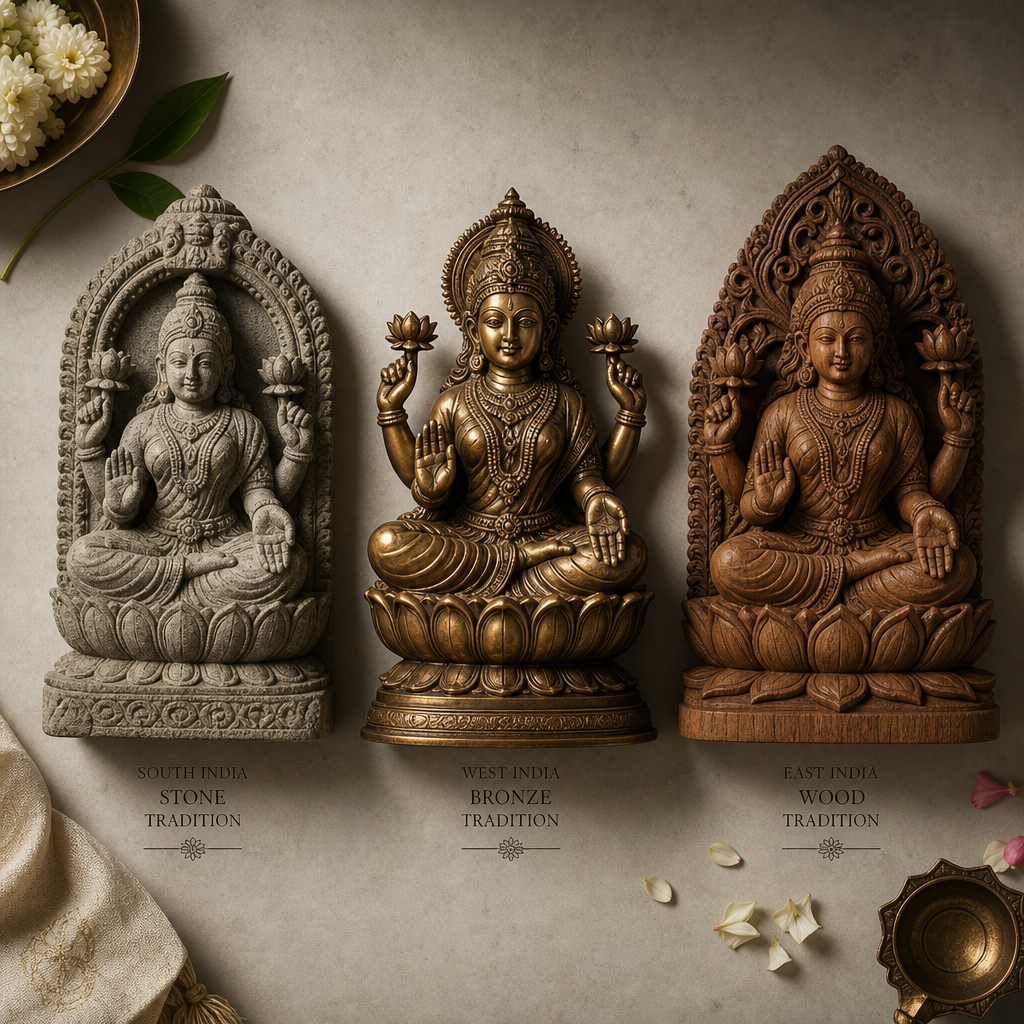 Tre distinti stili di statue Lakshmi in pietra, bronzo e legno che mostrano diverse tradizioni artistiche