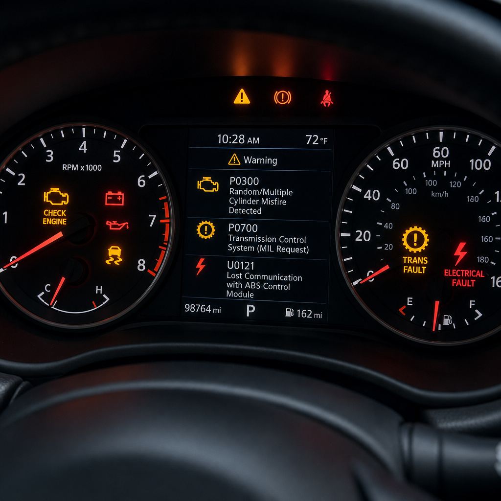 Car dashboard displaying multiple warning lights and fault indicators