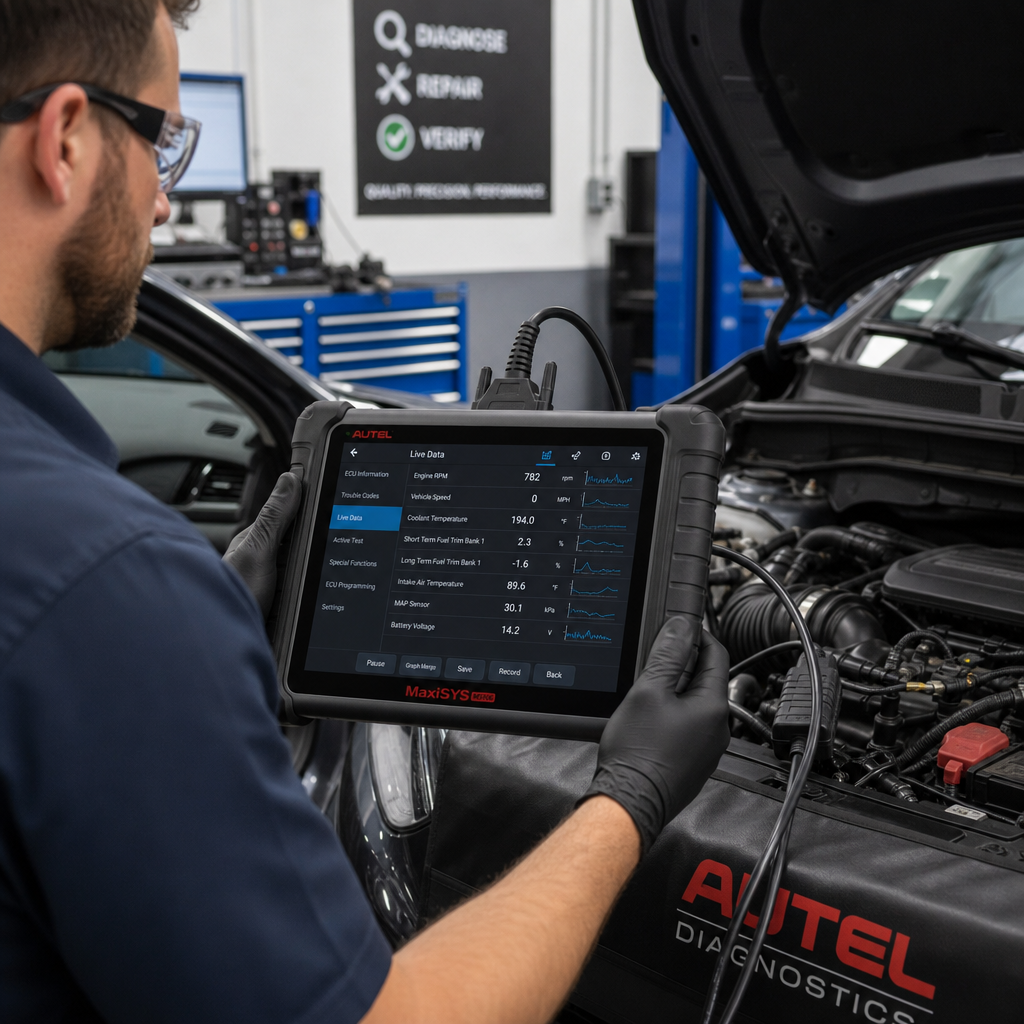 Technician performing advanced vehicle diagnostics with professional scanning equipment