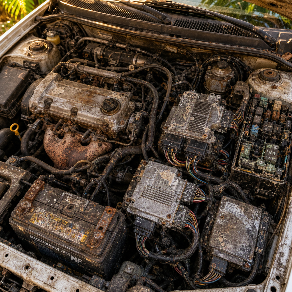 Car engine bay showing electronic modules and wiring affected by tropical climate conditions