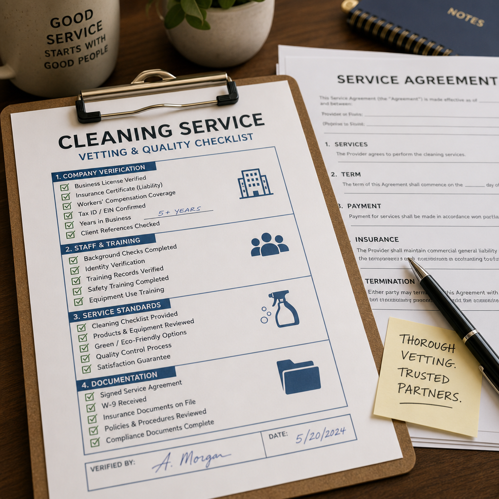 Commercial Cleaning service contract and checklist documents on a desk