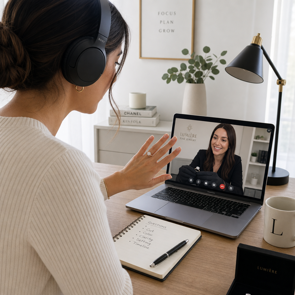 Woman participating in a virtual jewelry consultation from home via video call