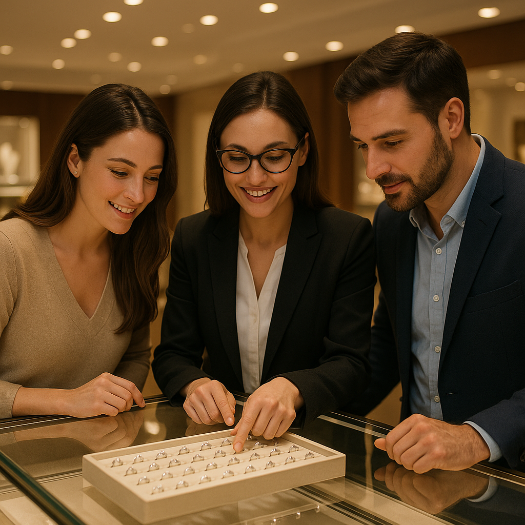 Couple meeting with a jeweler in-person to view and discuss engagement rings at a jewelry store