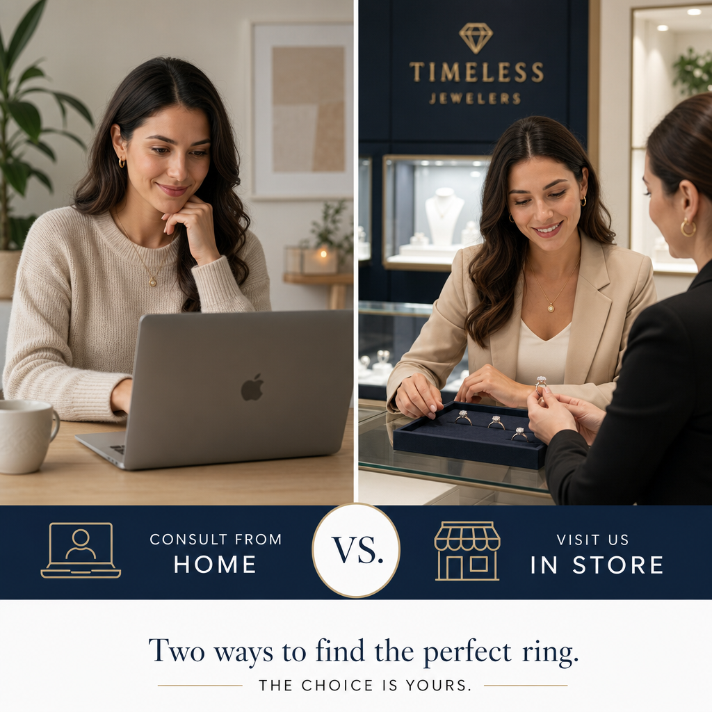 Conceptual split-screen showing virtual and in-person jewelry consultation options side by side