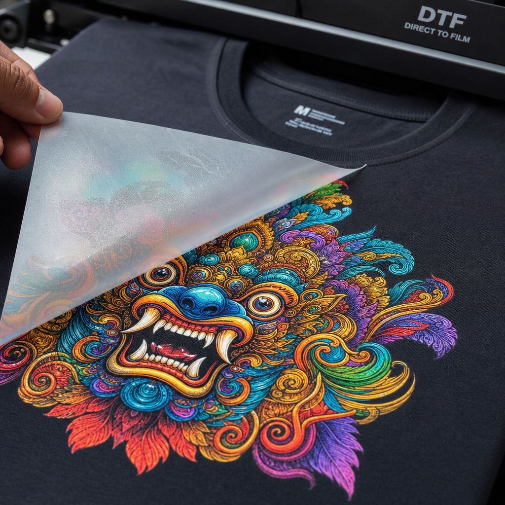 Close-up of a detailed DTF print on dark cotton fabric showing vivid colors and sharp design edges