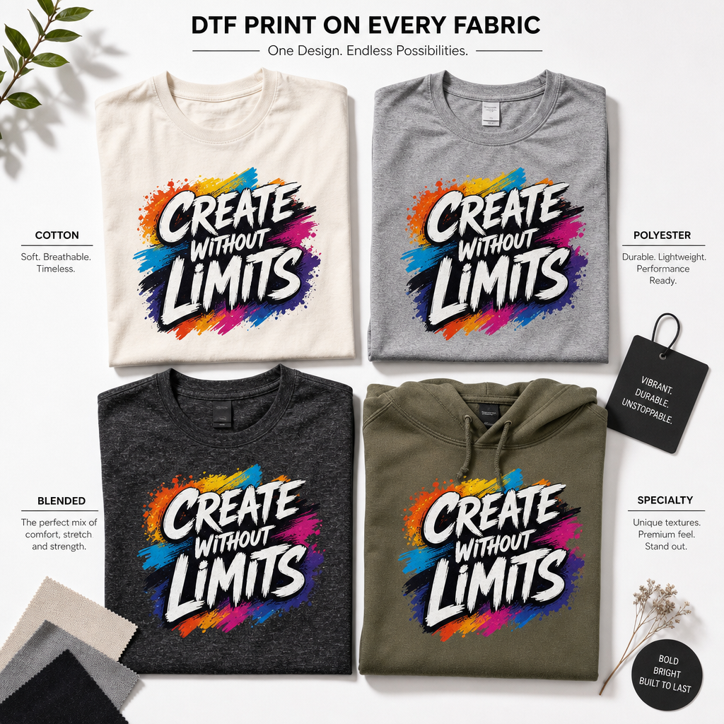 Four different fabric types displayed with identical DTF prints showing versatility across materials