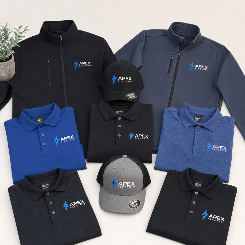 Collection of branded workwear and team apparel featuring DTF printed logos and designs