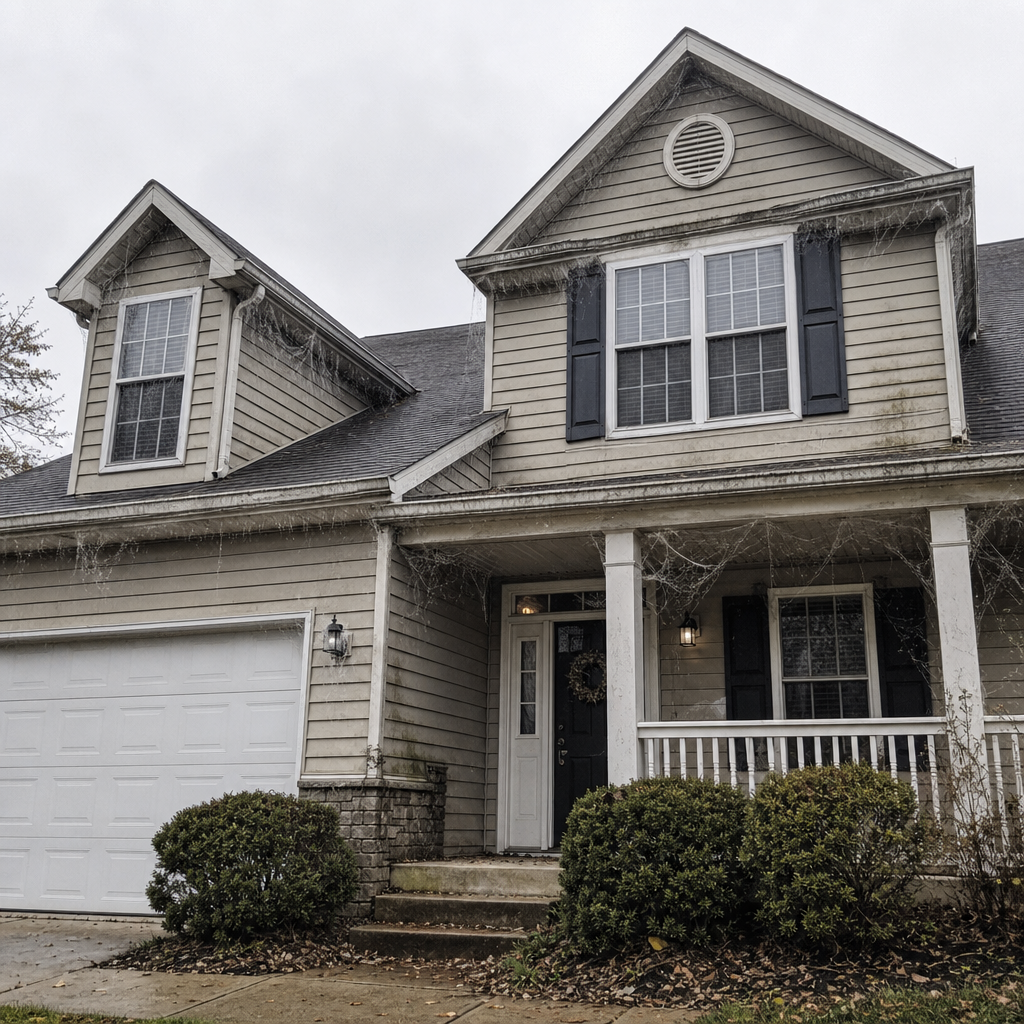 Front of house showing multiple spider webs on eaves and corners