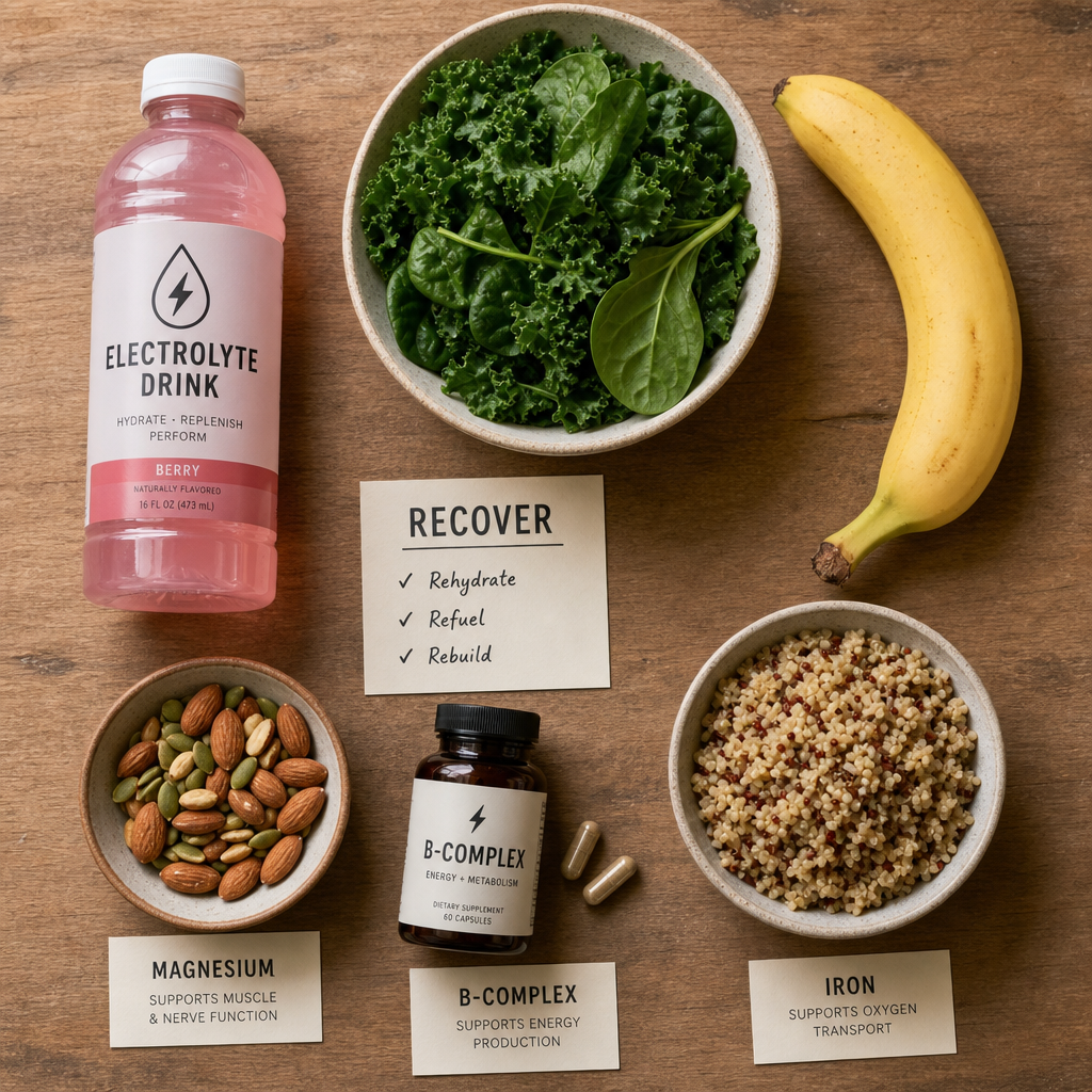 Nutritional recovery foods and supplements arranged for post-workout replenishment