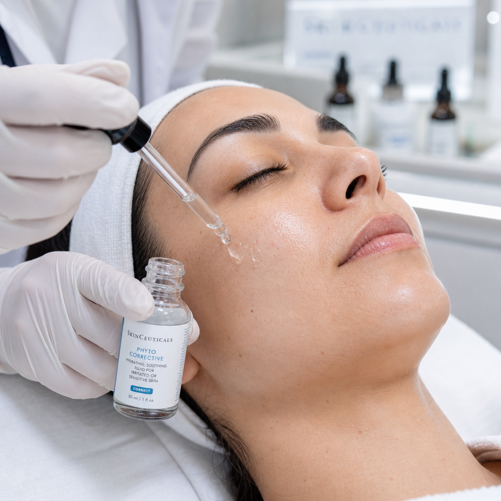 Dermatologist applying medical-grade serum during professional facial treatment with clinical precision