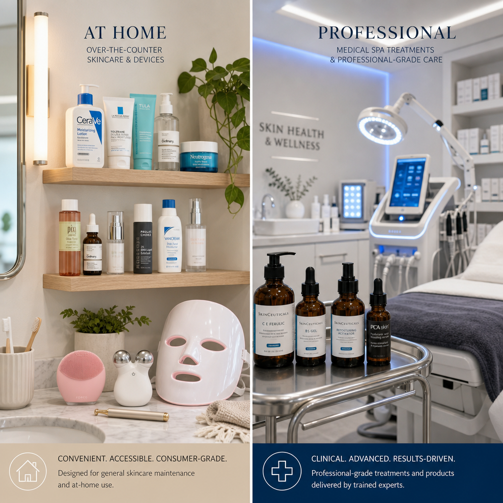Side-by-side visual comparison of at-home skincare products versus professional medical spa equipment and treatments
