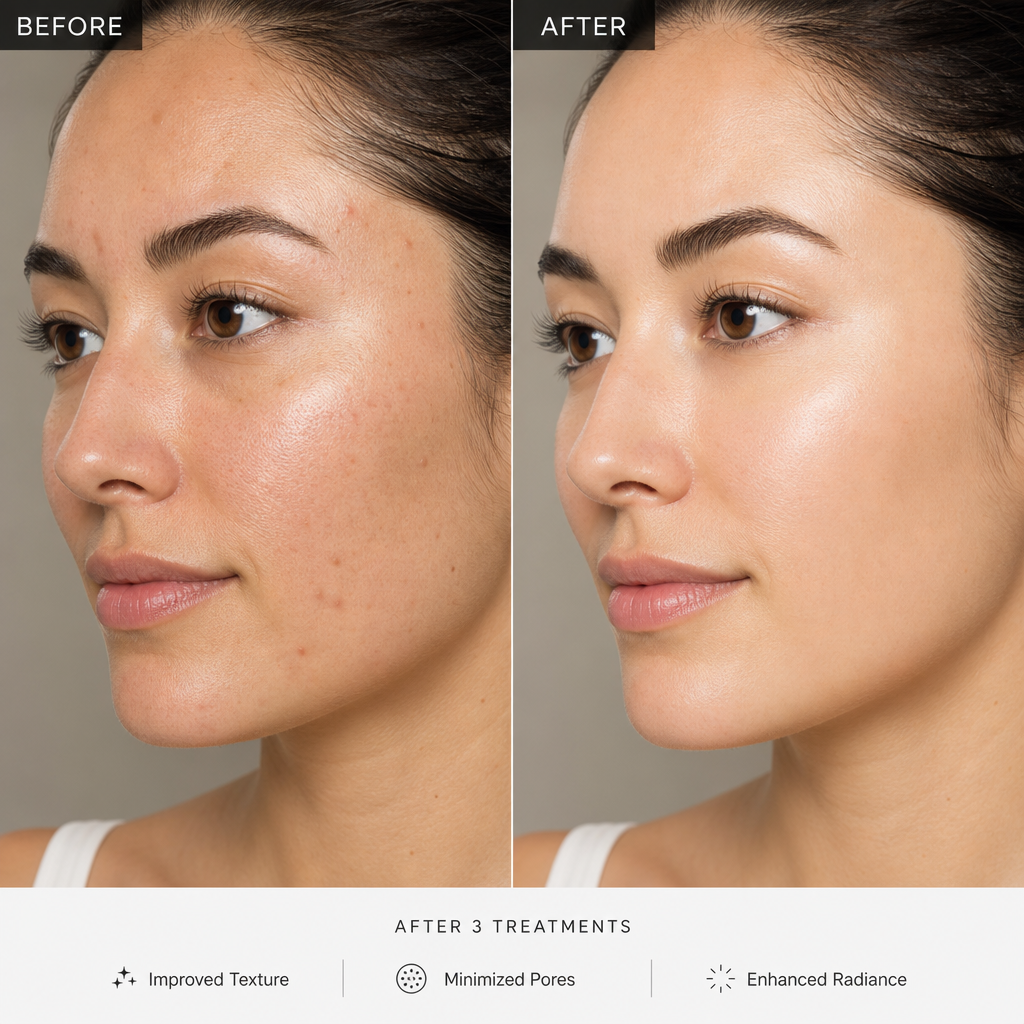 Close-up of radiant, refined skin showing visible improvements in texture and clarity from professional medical facial treatments
