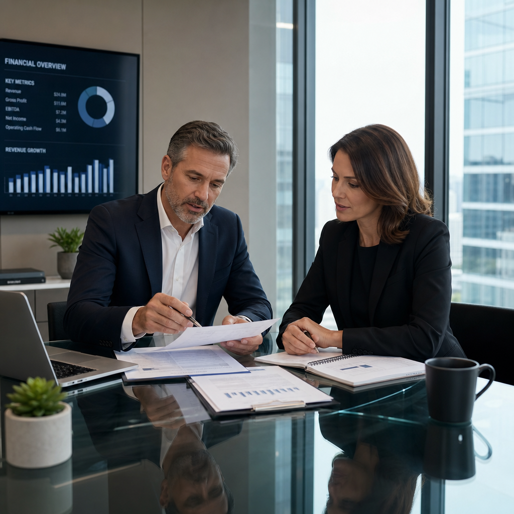 Business executives reviewing financial documents during M&A due diligence meeting
