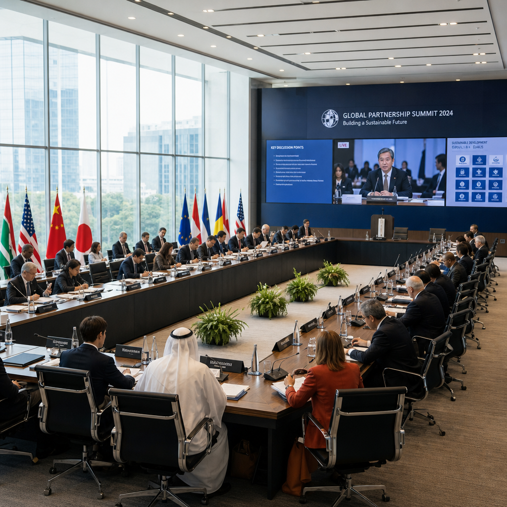 International delegates in a modern conference room reviewing video production materials during a regional summit