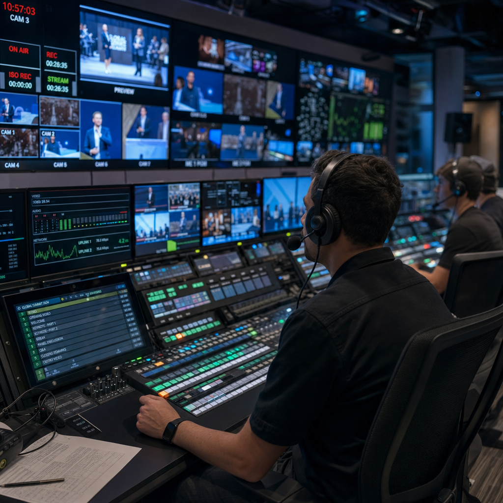 Production control room with monitors showing multiple camera feeds and broadcast metrics