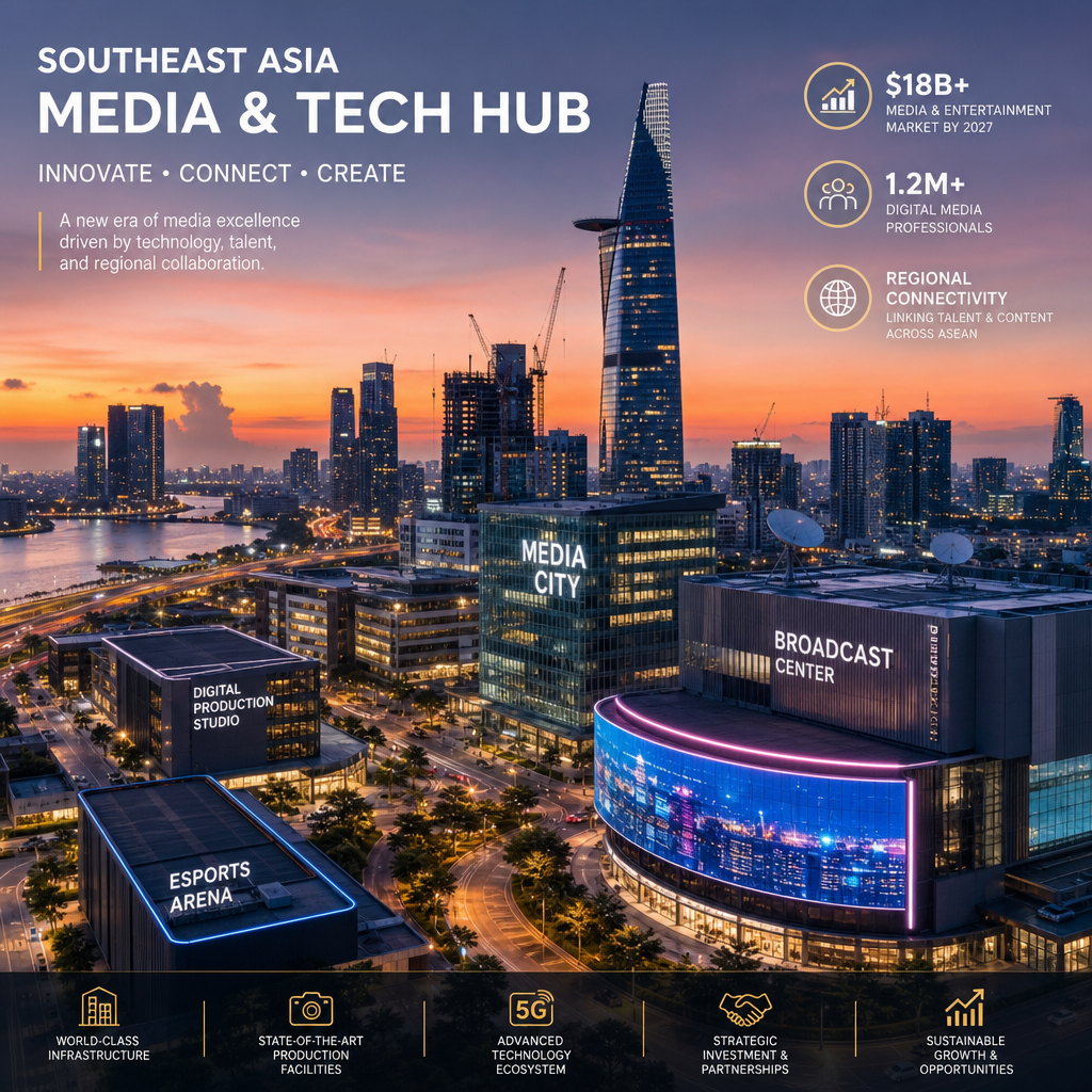 Southeast Asian cityscape at dusk highlighting modern production facilities and media infrastructure development