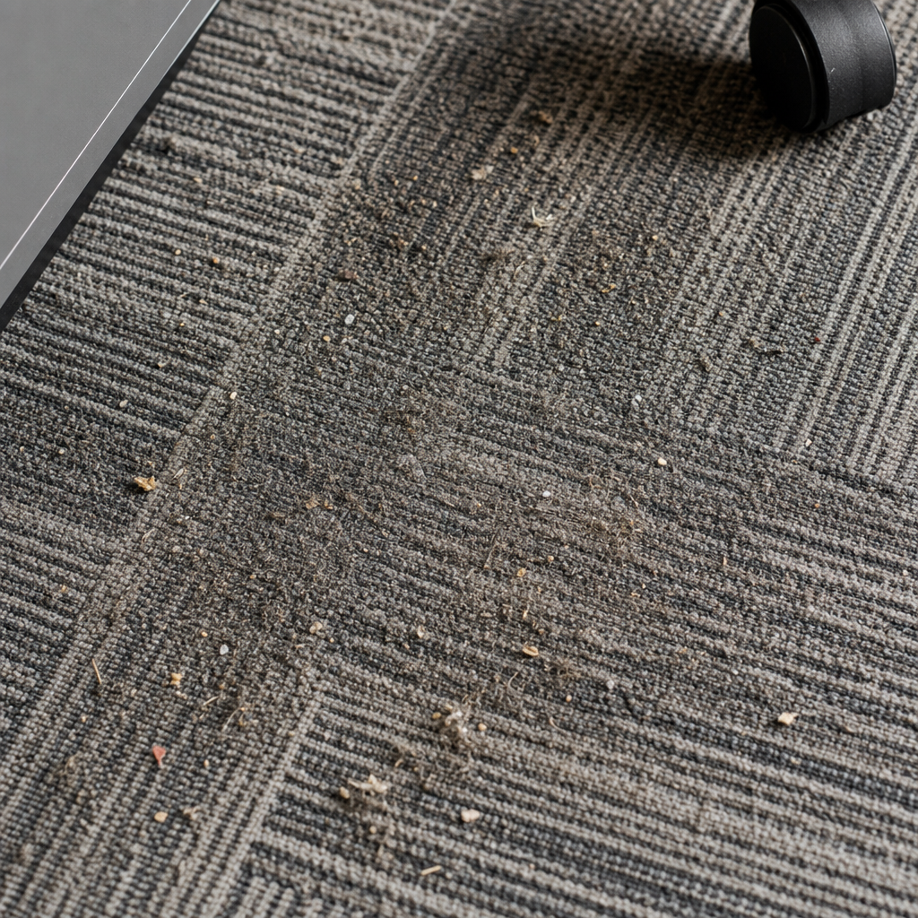 Close-up of dirty commercial carpet fibres showing accumulated dust and dirt particles