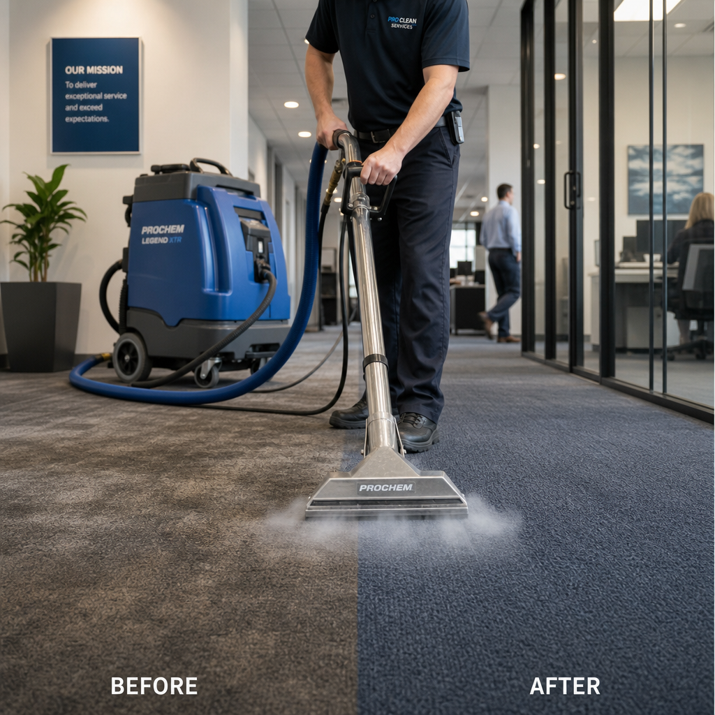 Commercial carpet cleaning equipment performing deep clean on office floor